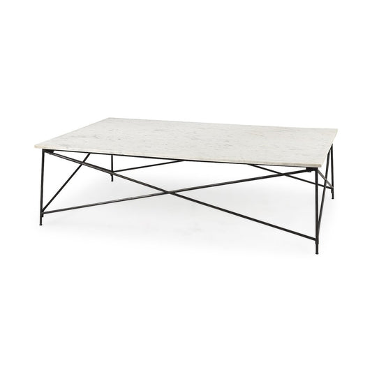 35" White Genuine Marble and Metal Coffee Table