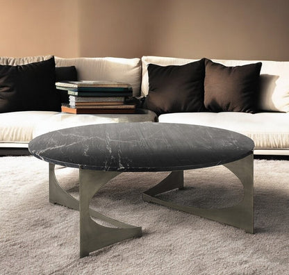 48" Black and Gold Genuine Marble and Iron Round Coffee Table