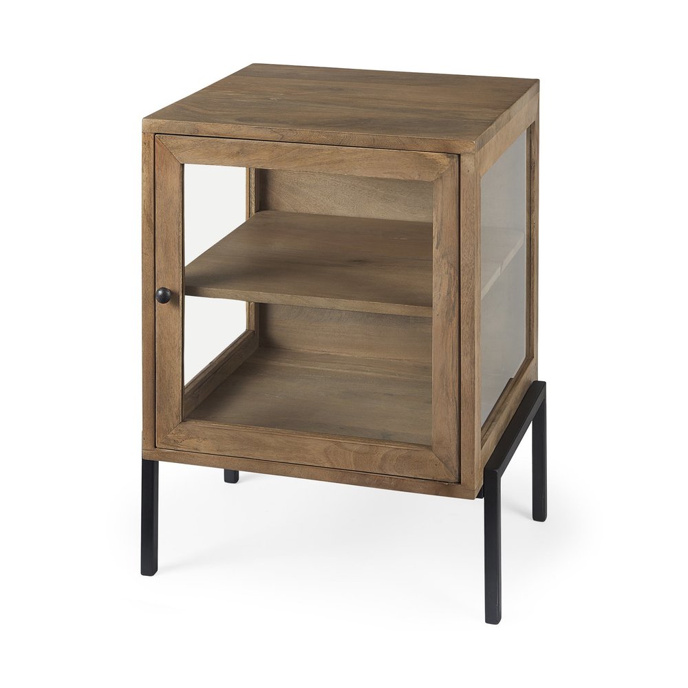 20" Natural And Black Solid Wood And Iron Display Cabinet With Single Door