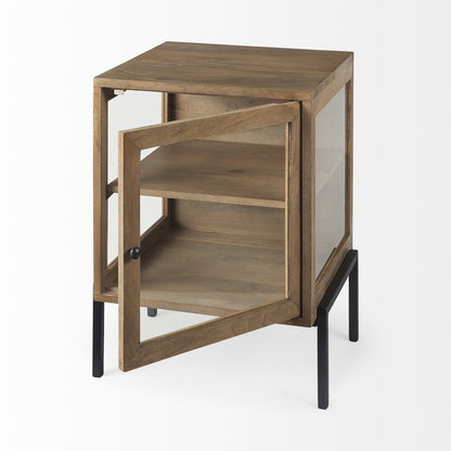 20" Natural And Black Solid Wood And Iron Display Cabinet With Single Door