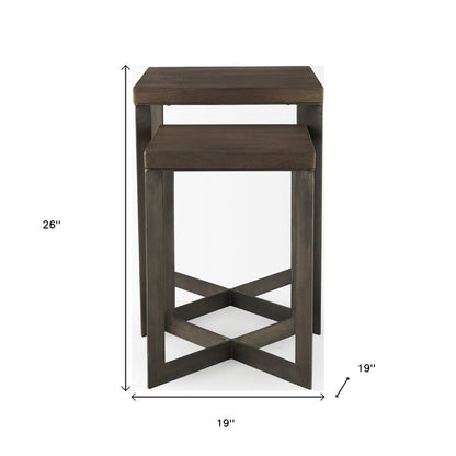 Set of Two Brown Solid Wood and Metal Square Cross Legs Nested Tables