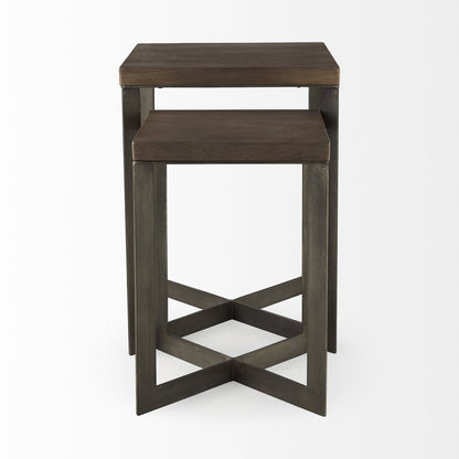Set of Two Brown Solid Wood and Metal Square Cross Legs Nested Tables