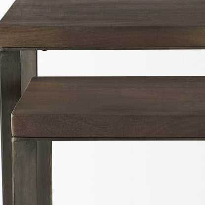 Set of Two Brown Solid Wood and Metal Square Cross Legs Nested Tables
