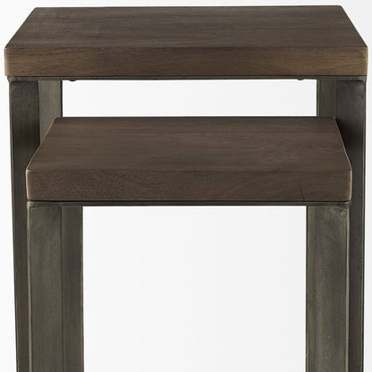 Set of Two Brown Solid Wood and Metal Square Cross Legs Nested Tables