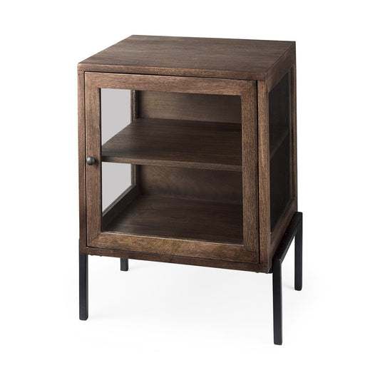 20" Dark Brown And Black Solid Wood And Iron Display Cabinet With Single Door