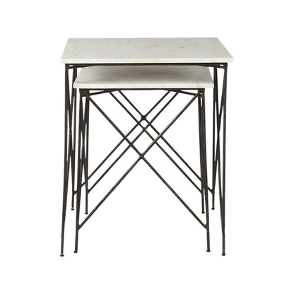 Set of Two White and Black Marble and Metal Square Nested Tables