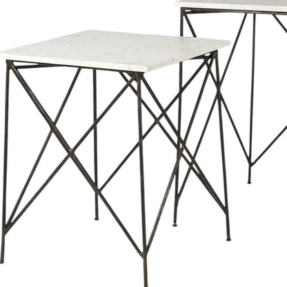 Set of Two White and Black Marble and Metal Square Nested Tables