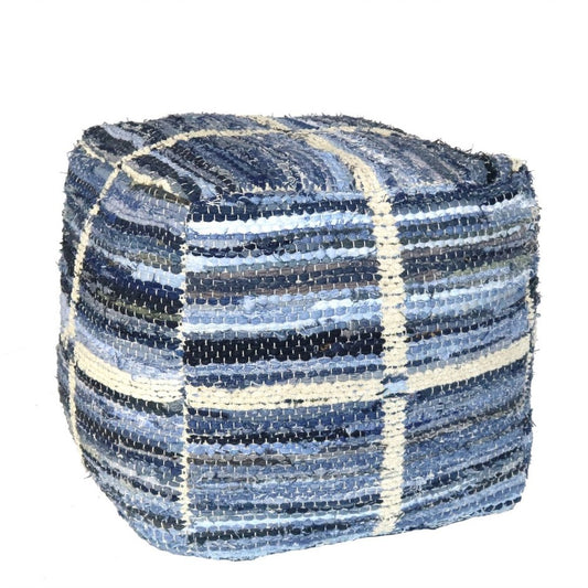 18" Blue Cotton Striped Pouf Ottoman