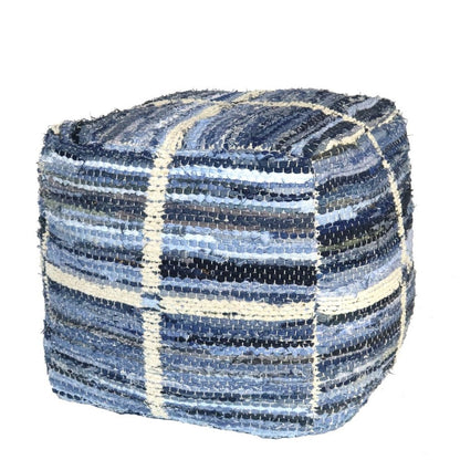 18" Blue Cotton Striped Pouf Ottoman
