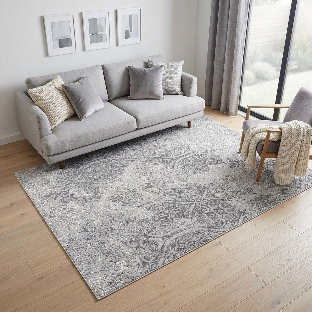 8' X 11' Cream And Gray Tinted Ogee Pattern Area Rug