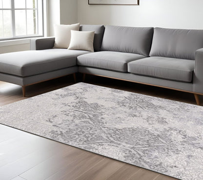 5' X 8' Gray And Ivory Damask Area Rug