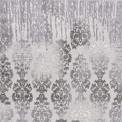5' X 7' Gray And Ivory Damask Area Rug