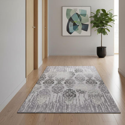 10' Gray Damask Power Loom Runner Rug