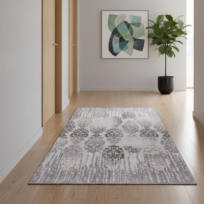 10' Gray Damask Power Loom Runner Rug