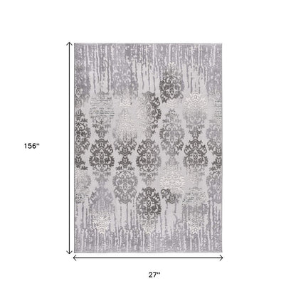10' Gray Damask Power Loom Runner Rug