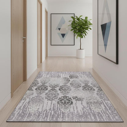 10' Gray Damask Power Loom Runner Rug