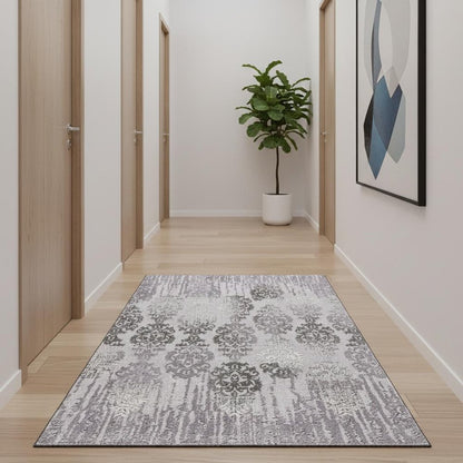 10' Gray Damask Power Loom Runner Rug