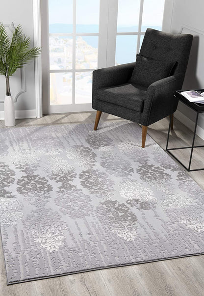 10' Gray Damask Power Loom Runner Rug