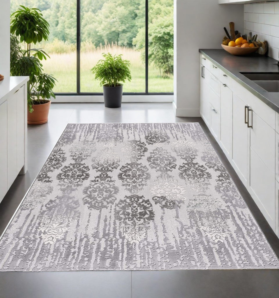 10' Gray Damask Power Loom Runner Rug