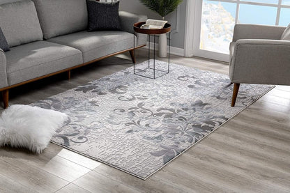 5' X 7' Gray And Ivory Damask Shag Area Rug