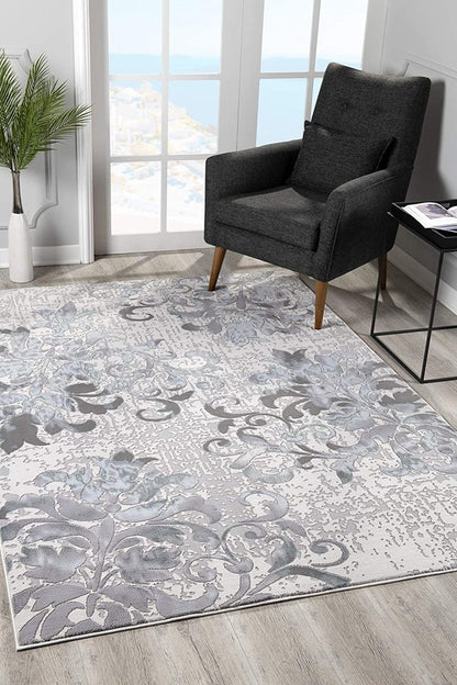 5' X 7' Gray And Ivory Damask Shag Area Rug