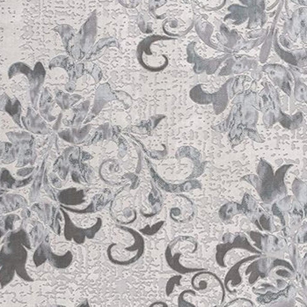 5' X 7' Gray And Ivory Damask Shag Area Rug