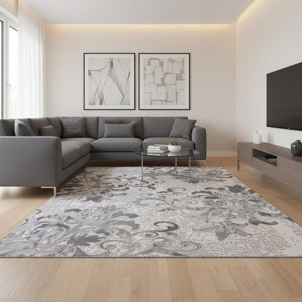 5' X 7' Gray And Ivory Damask Shag Area Rug