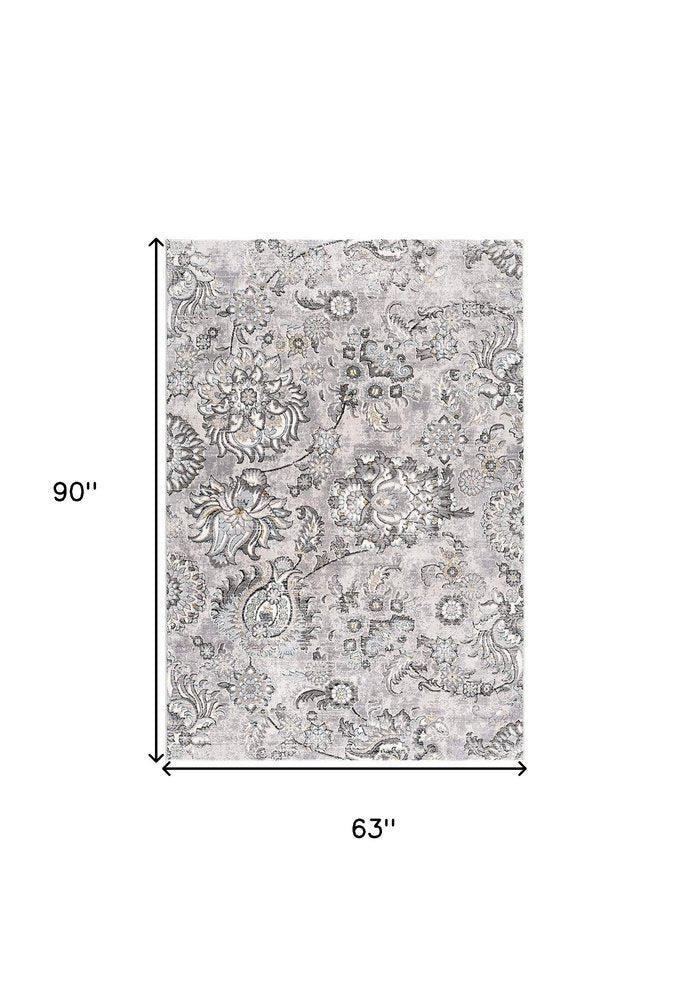 5' X 7' Gray And Ivory Floral Area Rug
