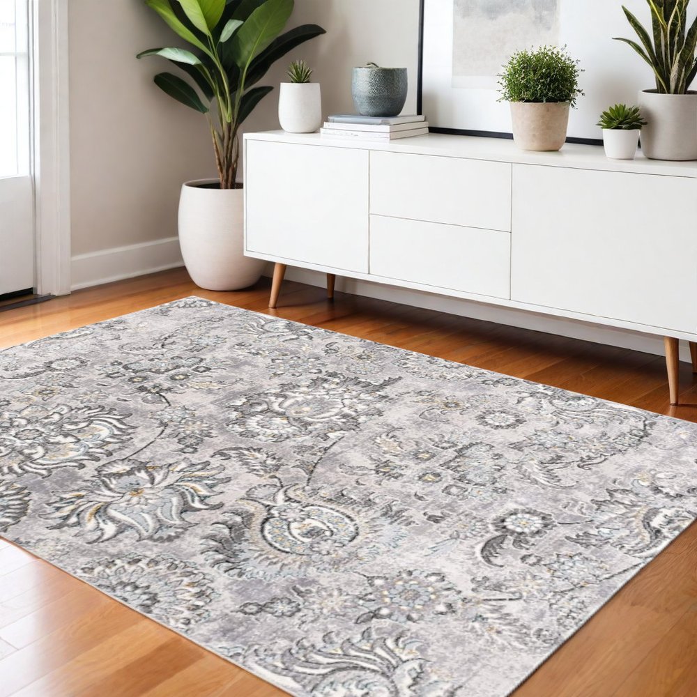 6' X 9' Gray Damask Power Loom Area Rug