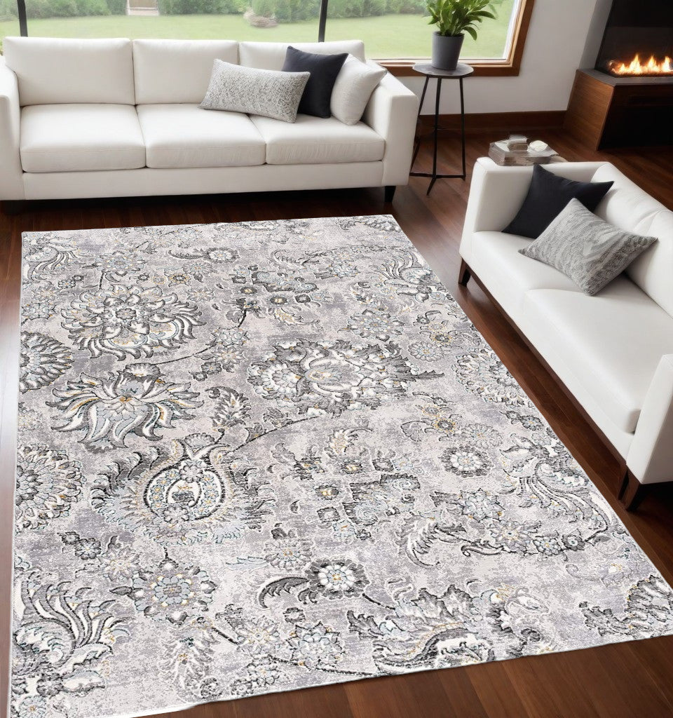 5' X 7' Gray Damask Power Loom Area Rug