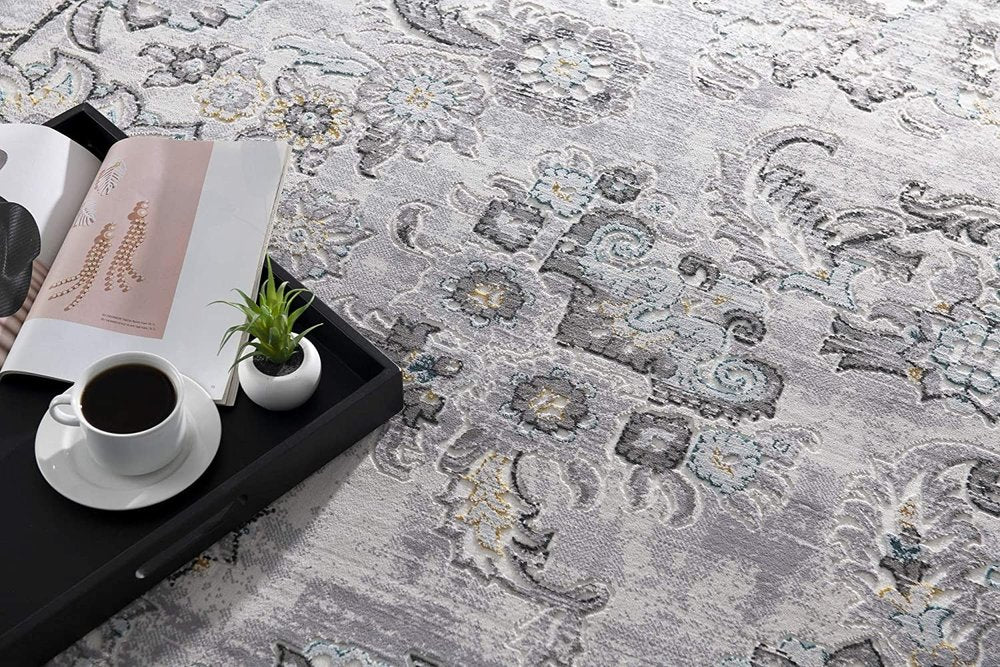 6' X 9' Gray Damask Power Loom Area Rug