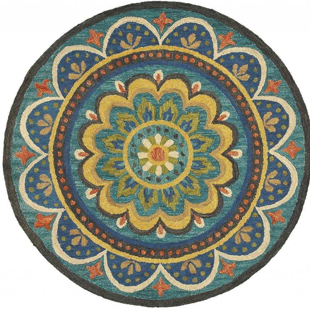 6' Blue Round Wool Geometric Hand Tufted Area Rug