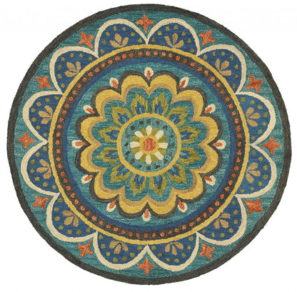 6' Blue Round Wool Geometric Hand Tufted Area Rug
