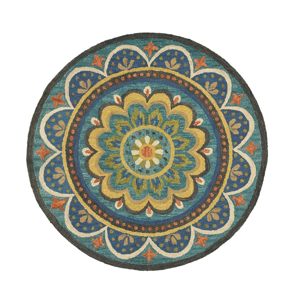 4' Blue and Orange Round Wool Floral Medallion Hand Tufted Area Rug