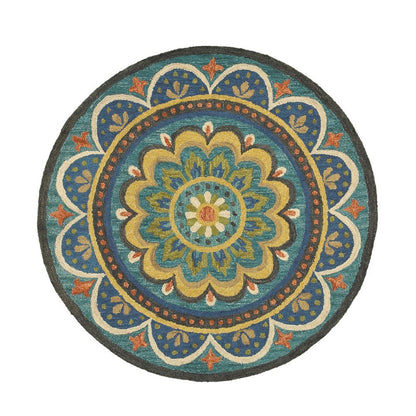 4' Blue and Orange Round Wool Floral Medallion Hand Tufted Area Rug