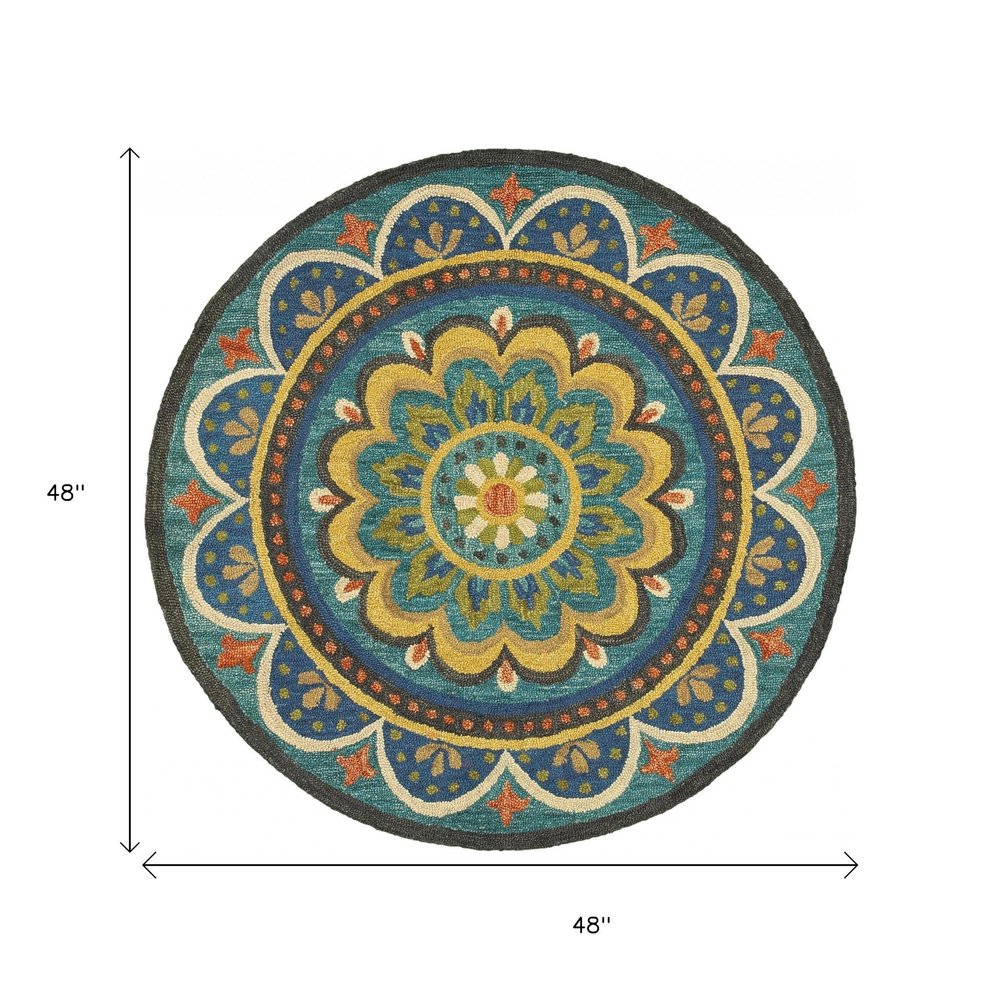 6' Blue Round Wool Geometric Hand Tufted Area Rug