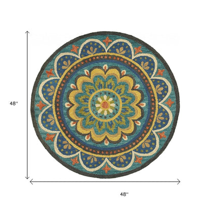 4' Blue and Orange Round Wool Floral Medallion Hand Tufted Area Rug
