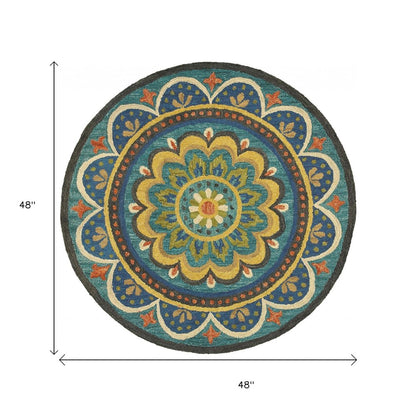 4' Blue and Orange Round Wool Floral Medallion Hand Tufted Area Rug