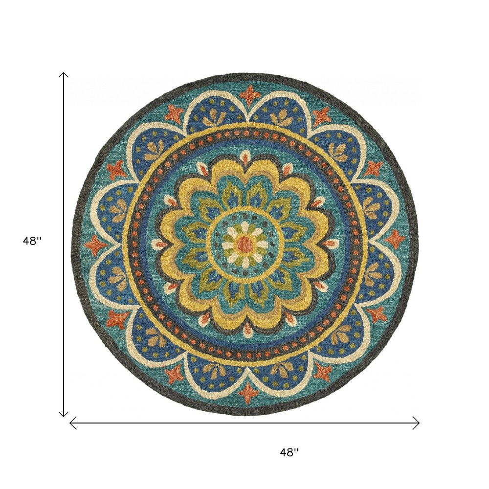 4' Blue and Orange Round Wool Floral Medallion Hand Tufted Area Rug