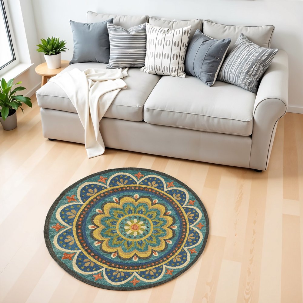 6' Blue Round Wool Geometric Hand Tufted Area Rug