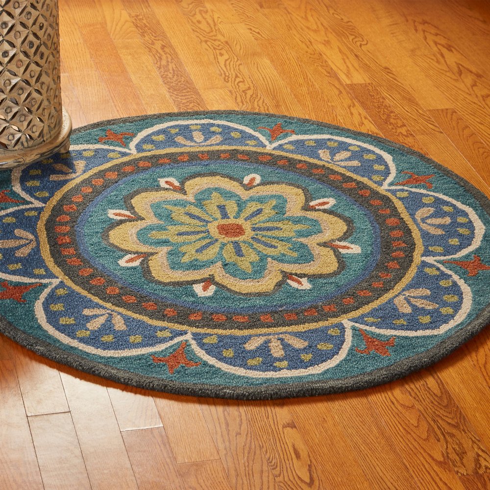 4' Blue and Orange Round Wool Floral Medallion Hand Tufted Area Rug