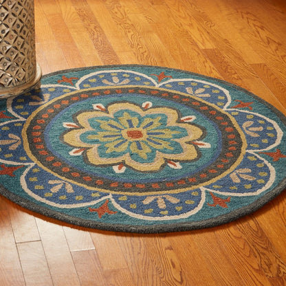 4' Blue and Orange Round Wool Floral Medallion Hand Tufted Area Rug