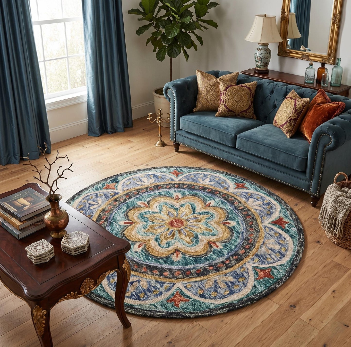 4' Blue and Orange Round Wool Floral Medallion Hand Tufted Area Rug