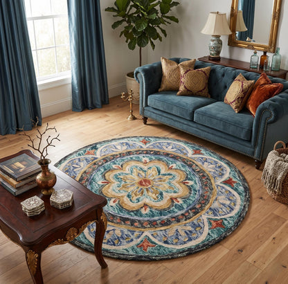 4' Blue and Orange Round Wool Floral Medallion Hand Tufted Area Rug