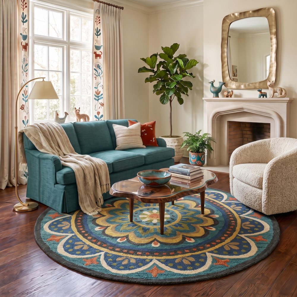 6' Blue Round Wool Geometric Hand Tufted Area Rug