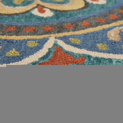 4' Blue and Orange Round Wool Floral Medallion Hand Tufted Area Rug