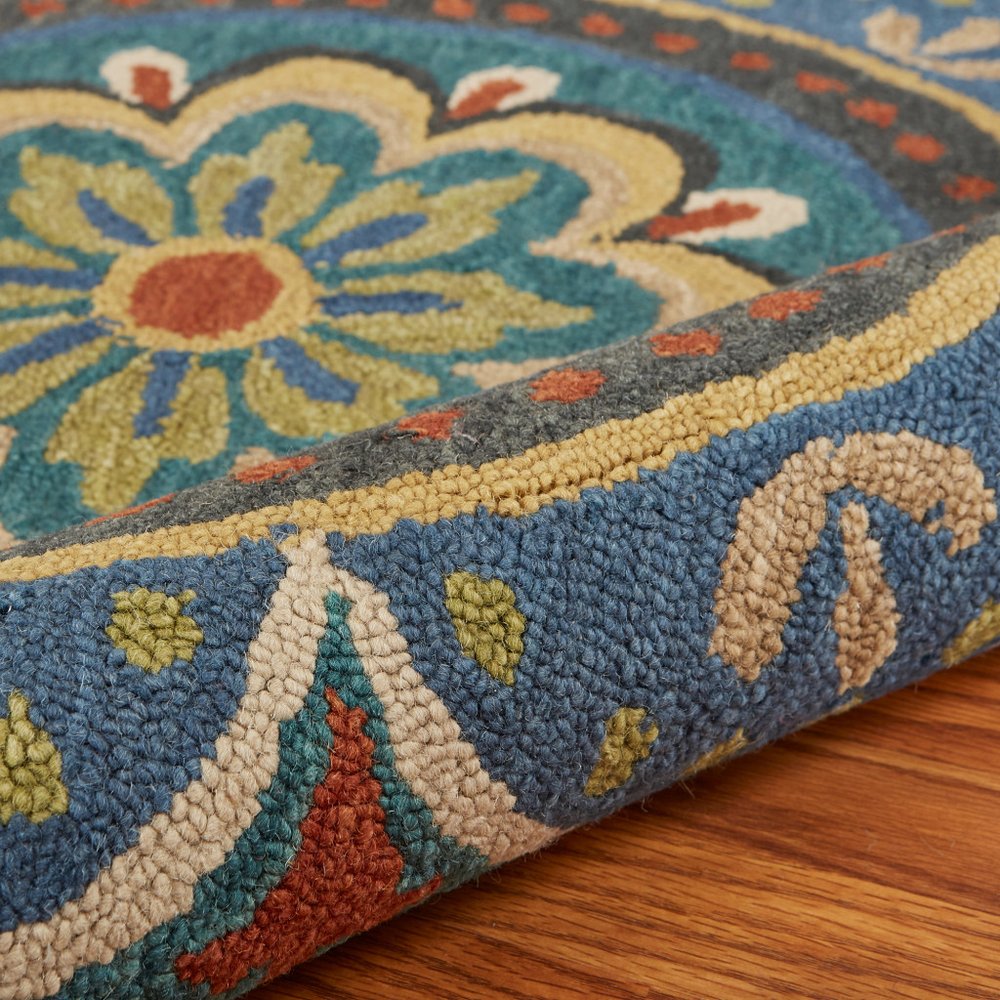 4' Blue and Orange Round Wool Floral Medallion Hand Tufted Area Rug