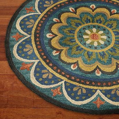 4' Blue and Orange Round Wool Floral Medallion Hand Tufted Area Rug