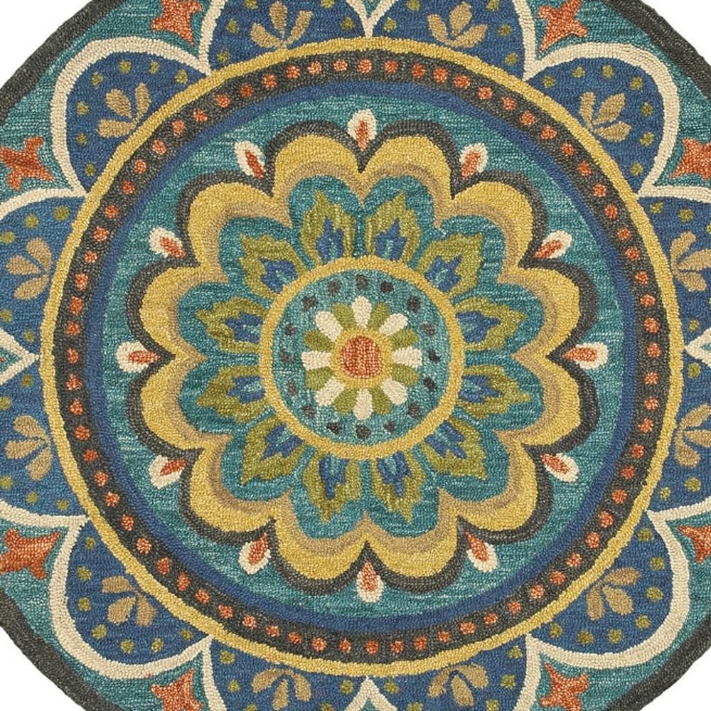 4' Blue and Orange Round Wool Floral Medallion Hand Tufted Area Rug