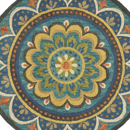 4' Blue and Orange Round Wool Floral Medallion Hand Tufted Area Rug